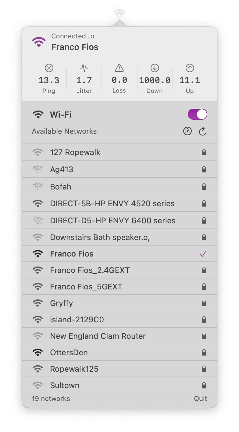 Wi-Fi+ app showing connected network status, network metrics, and available networks list
